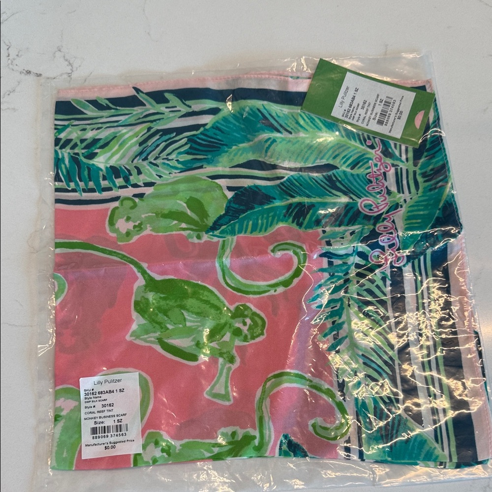 Lilly Pulitzer Pink and Green Silk Monkey Print Scarf